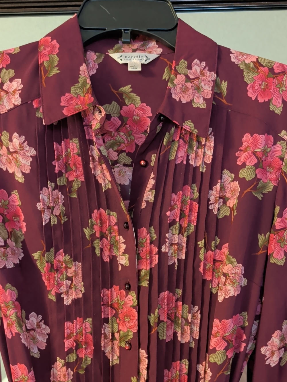 Nanette Lepore Feminine Burgundy Long-Sleeve Floral Pintucked Dress - Picture 3 of 10